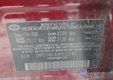 2009 Hyundai Sonata Gls из США, поврежденный, VIN 5NPET46C69H522749